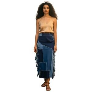 Highlight Womens Patchwork Denim Maxi Skirt Blue Frayed Fringe Boho SZ S NWT
